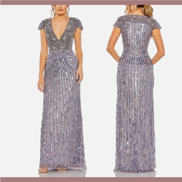 NWT $998 Mac Duggal [ 8 ] V Neck Cap Sleeve Hand Embellished Gown Heather Purple - Picture 2 of 16